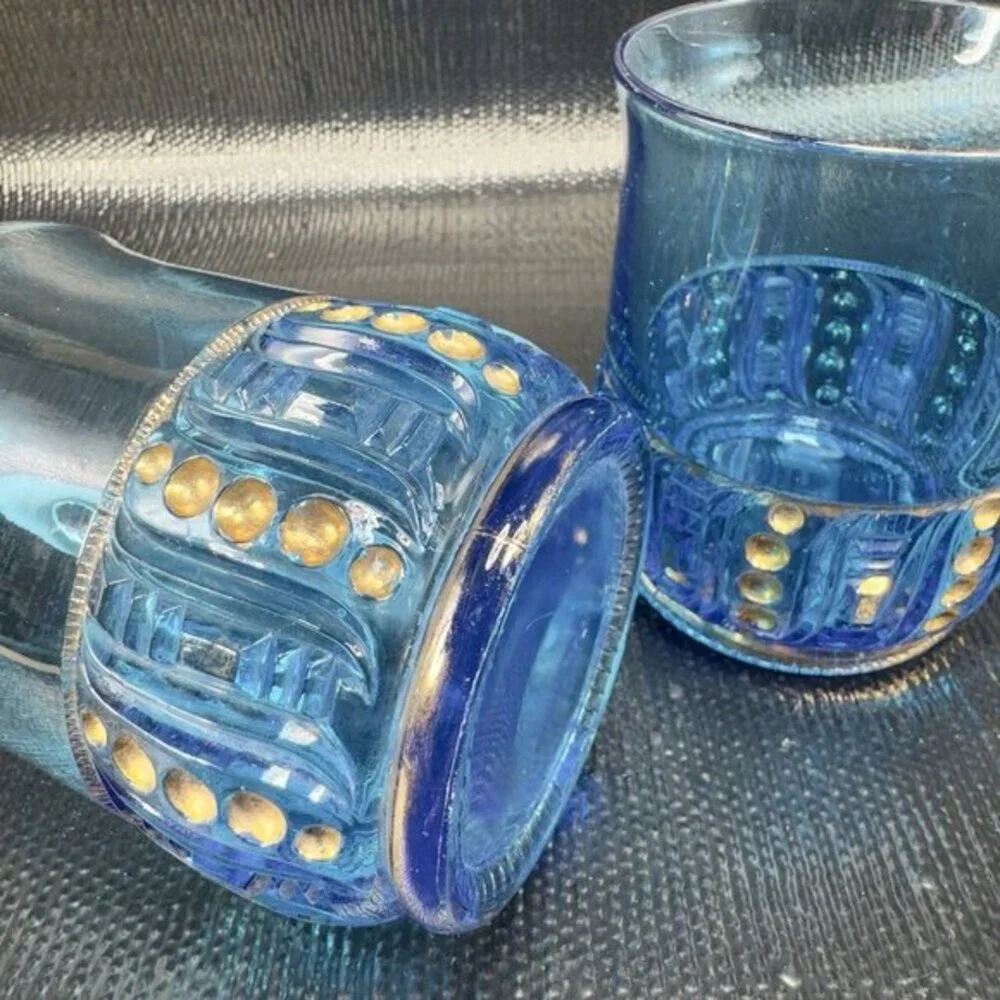 EAPG 1898 Riverside Olympia Glass Seed Pod Blue Tumblers Set‎ Manganese 365nm UV